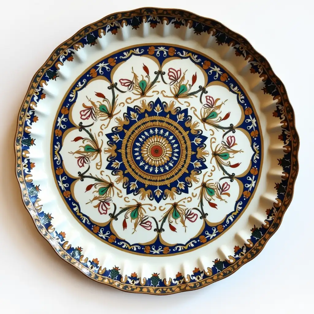 Ruffled edge circle ceramic tray with embossed beautiful handle,Underglaze painting on white body、 Fine art, Hyper detailed, Antique and old, Qajar art, Iranian Tabriz carpet design