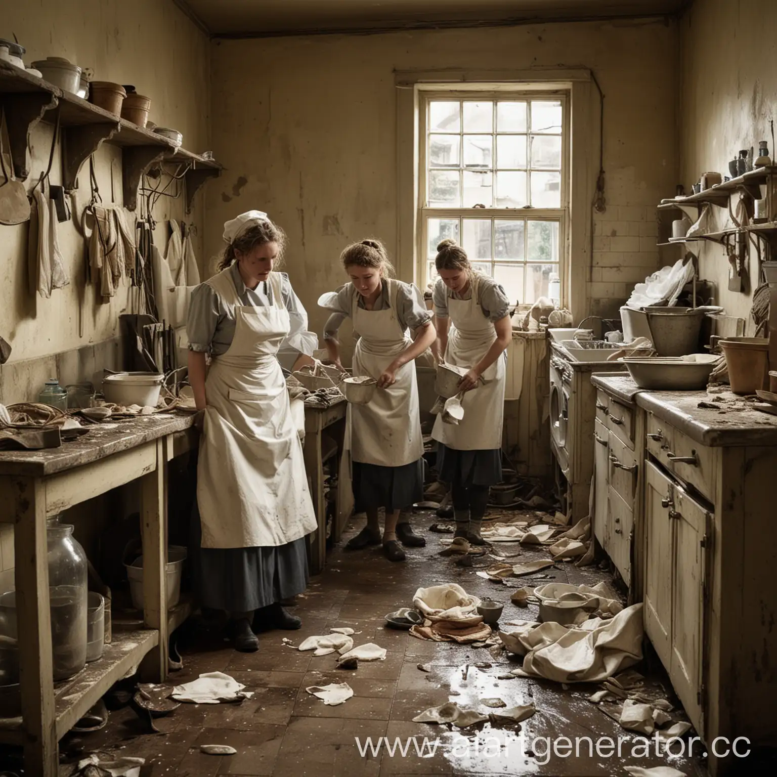 Scullery-Maids-Working-in-a-Historic-Messy-Kitchen