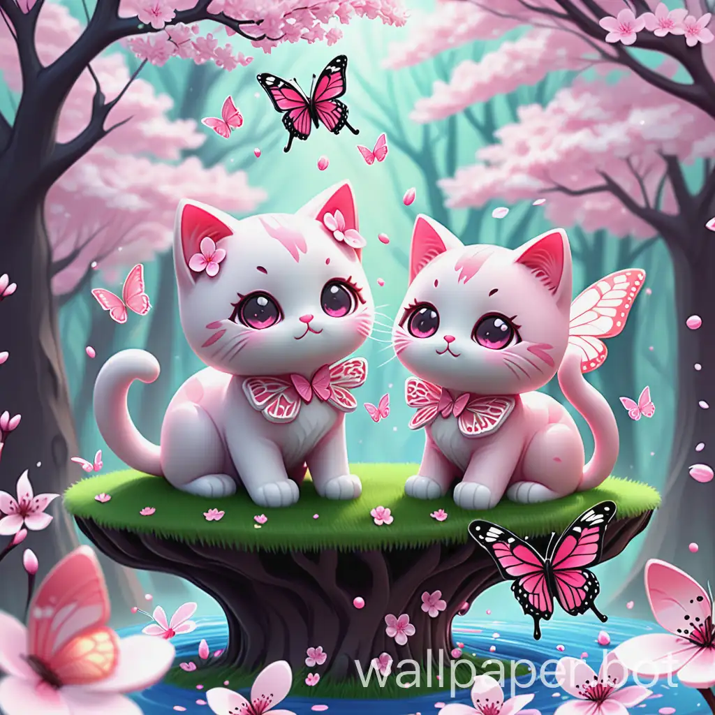 kawaii kitties with magic forest background butterfly's with cherry blossoms in 3D for com[uter homescreen