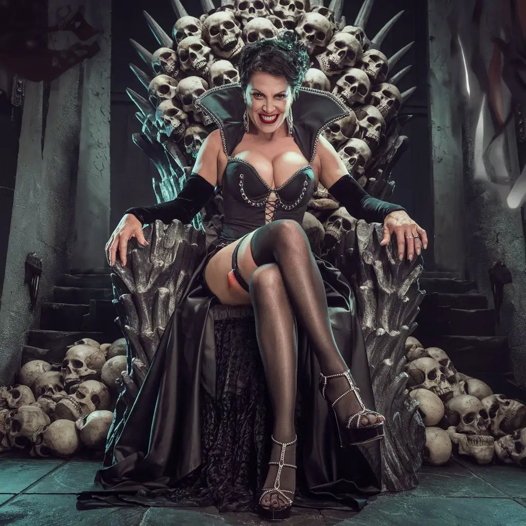  photo, realistic, sharp focus, 4k, HD, A captivating and dramatic photo of very beautiful mature  very evil latina female, sitting on a menacing throne adorned with skulls. She is dressed in a revealing black gown with a massive neckline, stockings, and high sandals.  crosses one leg, revealing her toned, full thigh, while her evil smile and seductive gaze exude a mysterious and alluring aura. There is a pile of human skulls on the floor. The throne room is dimly lit, with eerie shadows and a sense of foreboding.,photo, cinematic