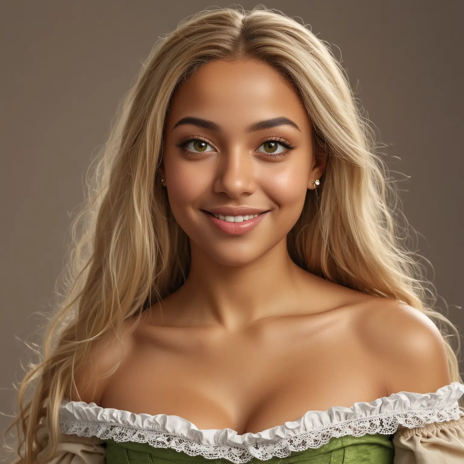 a hyperrealistic picture of a beautiful young mixed race woman of 60%nordic, 20%Arabic and 20%African origins with golden-blond elegant long hair, green almond shaped eyes, beige skin, only wearing strapless dirndl micro-skirt smiling into the camera, front view, hyperrealistic