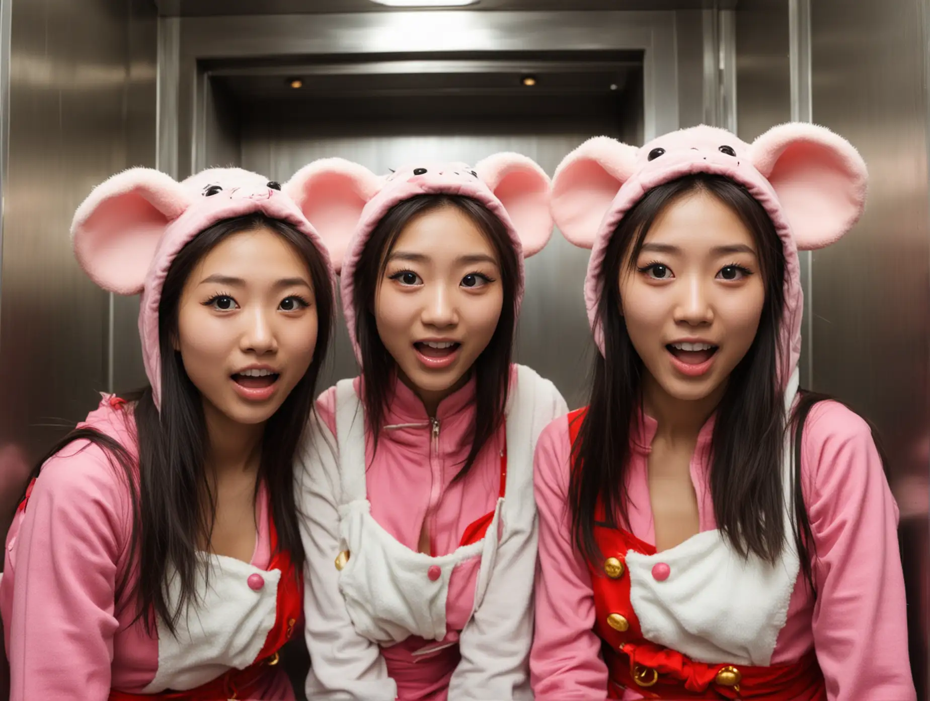 faces of two beautiful skinny 20-year-old chinese girls in mouse costumes in an elevator, staring at the camera in amazed excitement.