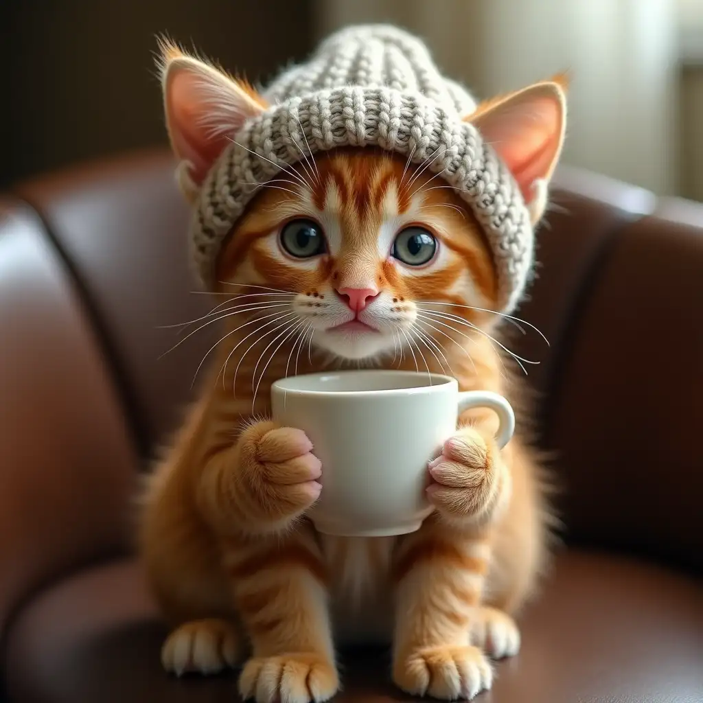 ginger nice real kitten in a knitted hat sits on a chair. holds a coffee cup in hands