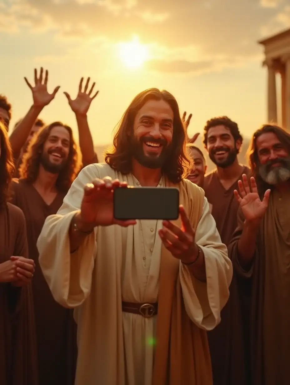 Jesus Christ is standing in the center of the frame, holding a phone in front of him. His disciples are gathered around him in a semicircle, smiling and waving at the camera. The view from the camera phone creates a feeling of live communication. The atmosphere of the scene is warm, friendly, filled with the light of the setting sun, which gently illuminates the faces of the characters. The camera captures their natural gestures, reflecting the joy of the moment. Ultra-smooth coherent movement, shot with IMAX Camera, hyper-detailed photorealism, cinematic masterpiece quality, 3:4 aspect ratio. Warm, natural light, the details of the image are emphasized by realistic photo-realism, and smiles and moving hands add dynamics.