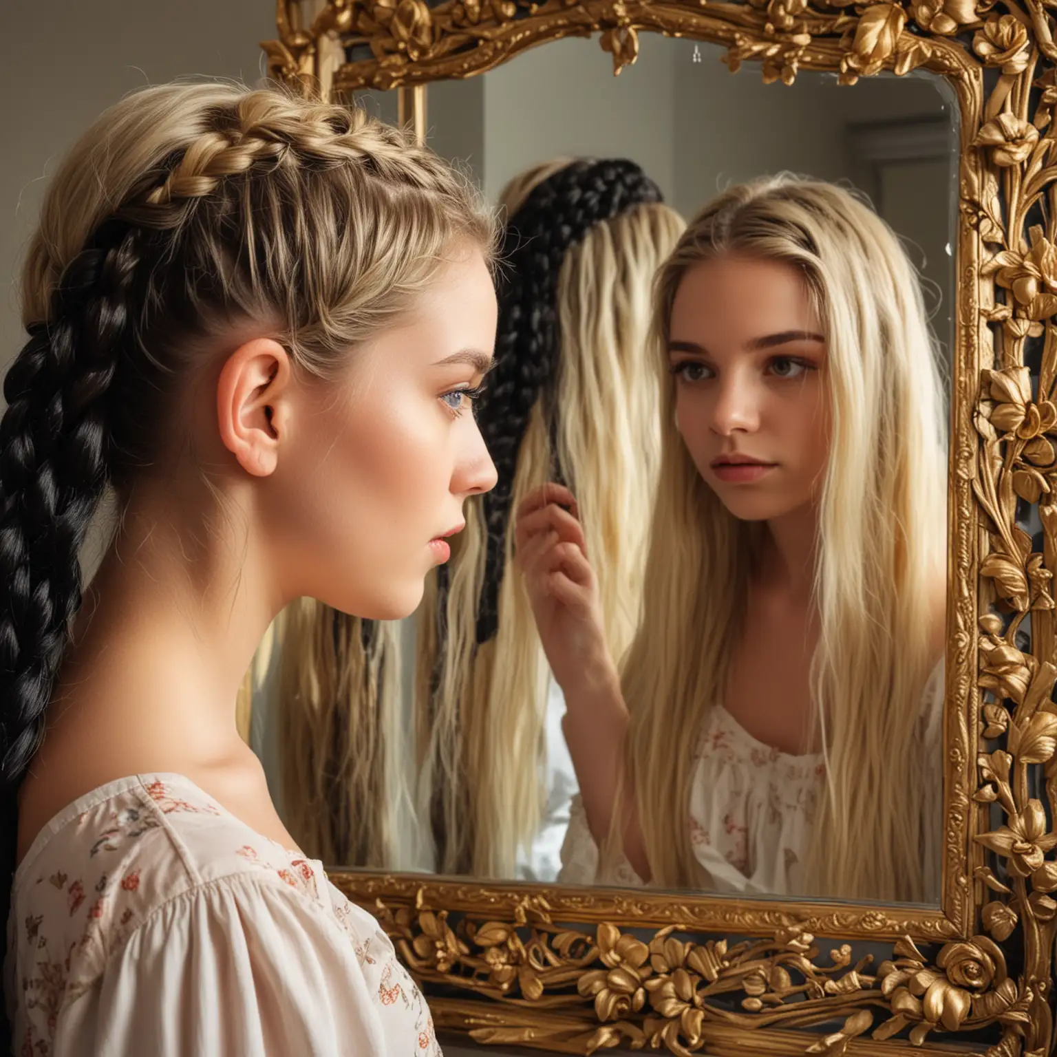 Young Woman Holding Braided Hair with Blonde Roots Gold and Floral Background