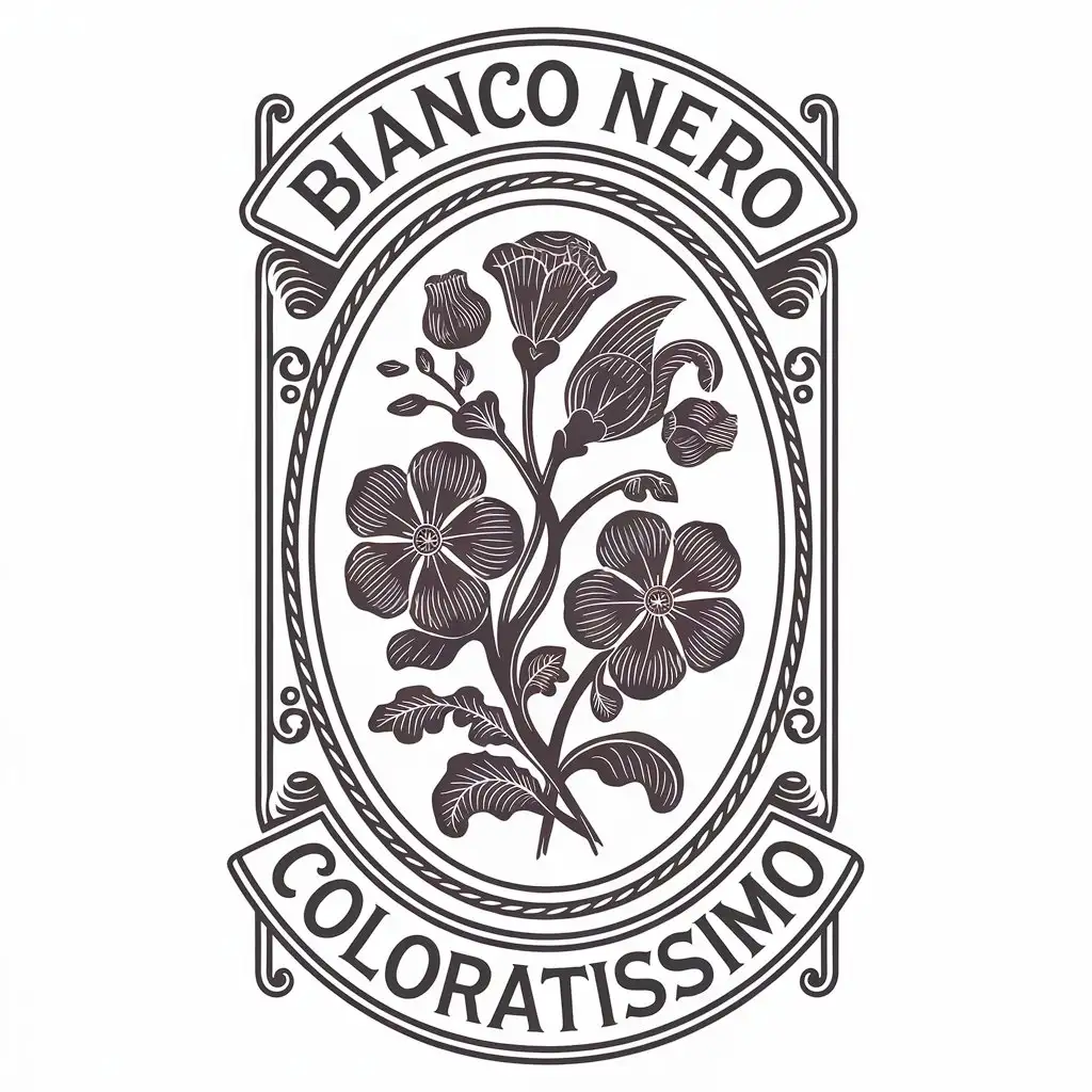 a vector logo design,with the text "Bianco nero coloratissimo", main symbol:Oval with flowers,complex,clear background