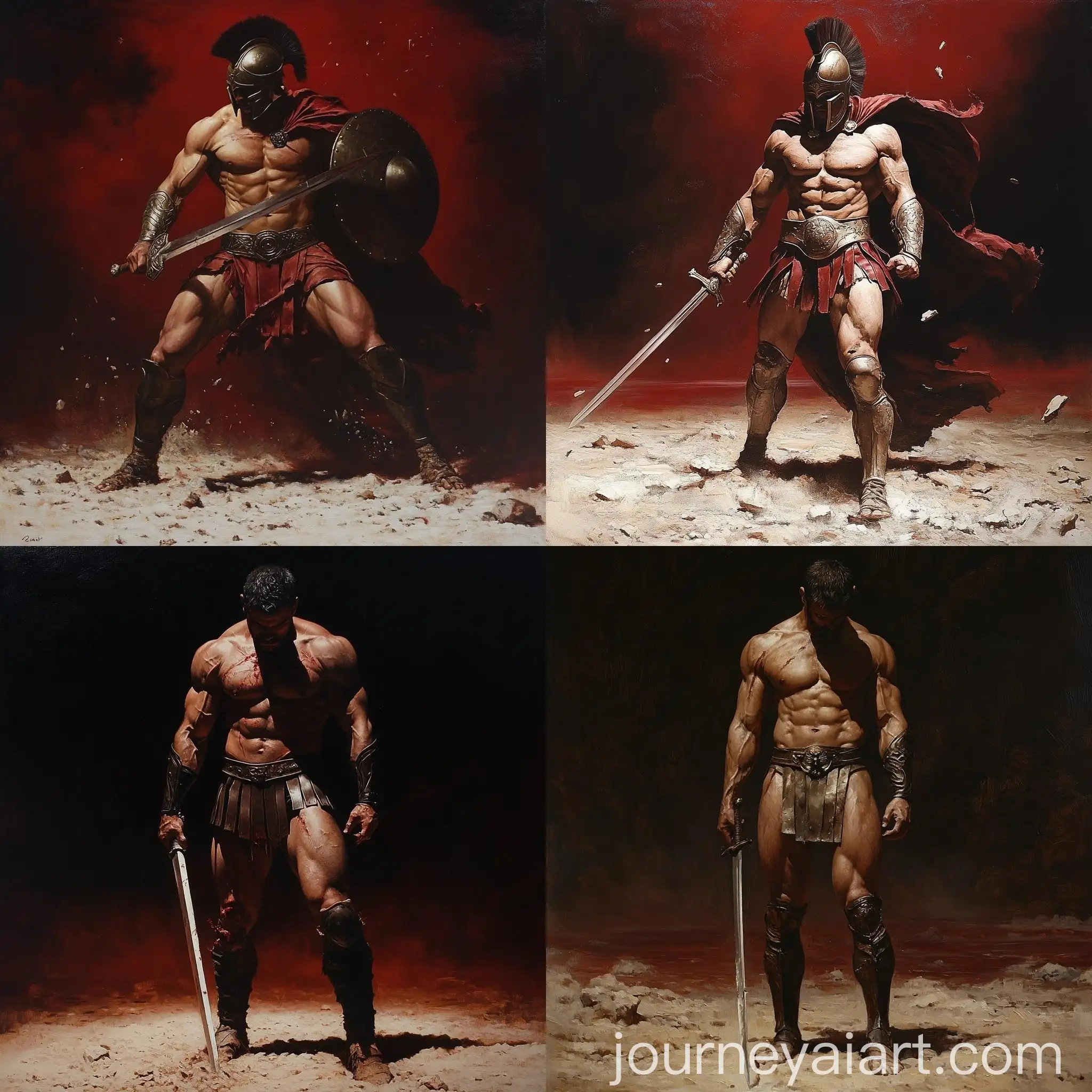 Hyperrealistic-Spartan-Warrior-Oil-Painting-with-Sword-in-Red-Sea-Background