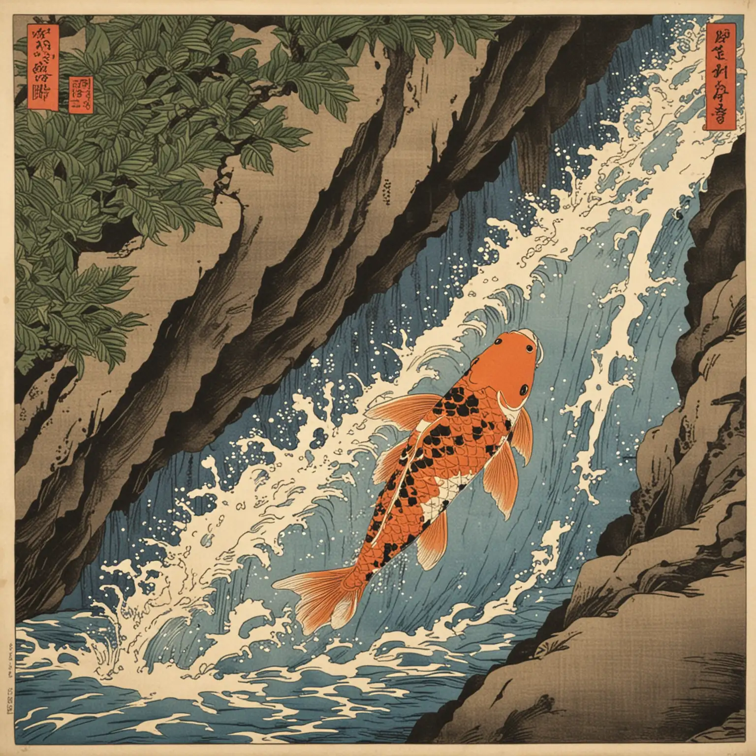 Koi Fish Jumping Up a Cascading Waterfall