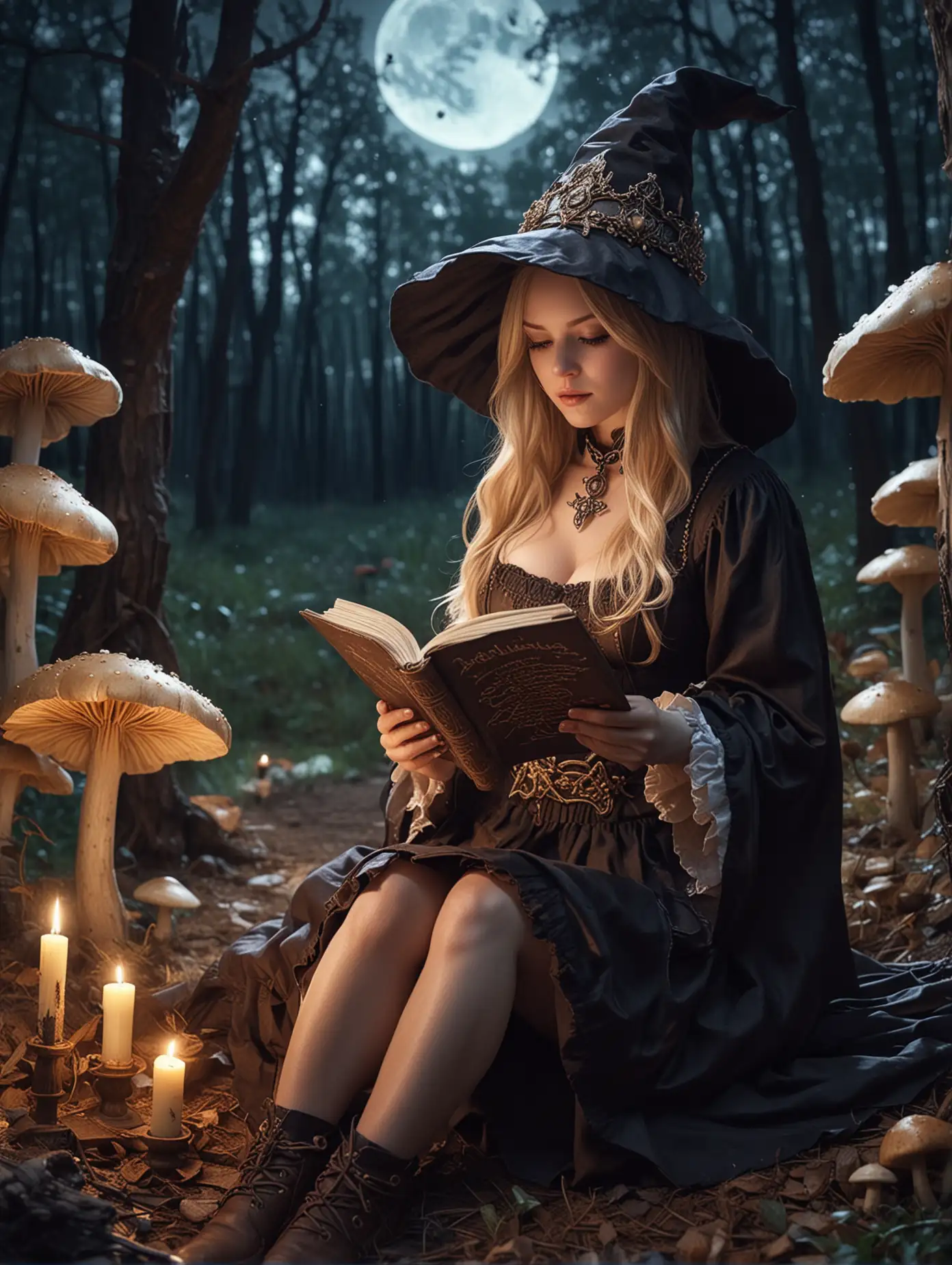 Medium close up view captured, surealism anime fantasy theme, Beautiful Alexis Texas wears ancient wizard outfit, sitting in the forest of mushroom field and reading an old book of spells, at night,