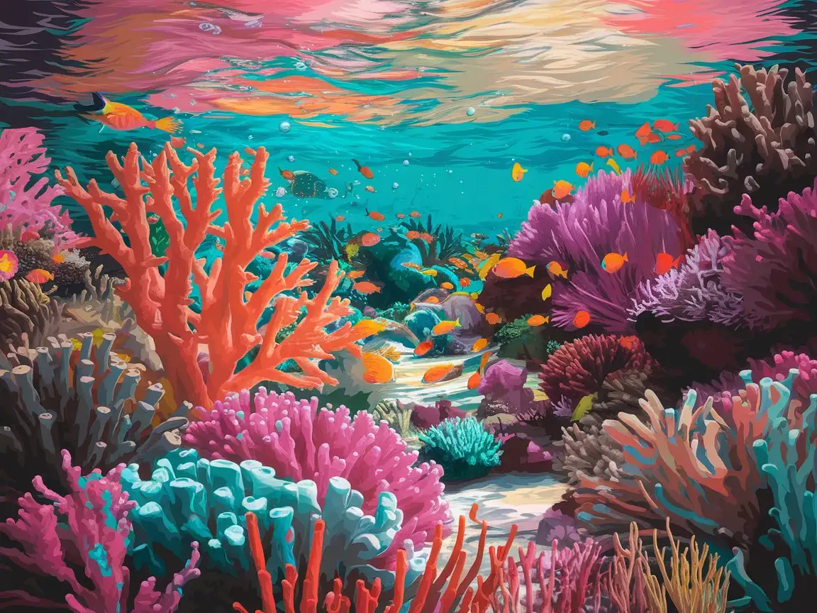 A vibrant underwater coral reef scene filled with colourful marine life, bright corals in orange, pink, and turquoise tones, tropical fish swimming between sea fans and anemones, soft sunlight filtering down through the water surface above, small air bubbles rising, painterly semi-realistic style with high colour saturation and layered textures, immersive and full of life