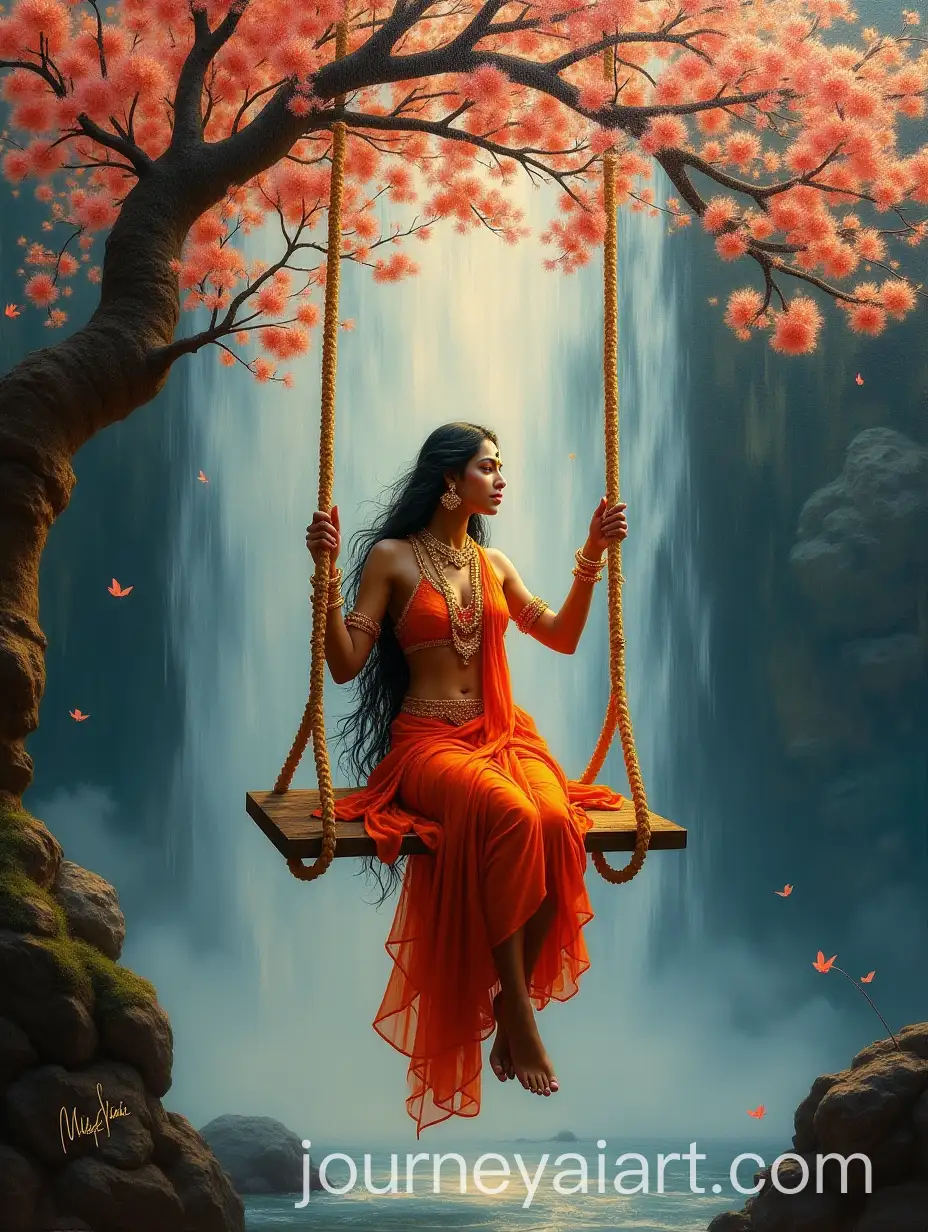 Radha-on-a-Celestial-Swing-with-Divine-Waterfall-and-Gold-Leaf-Accents
