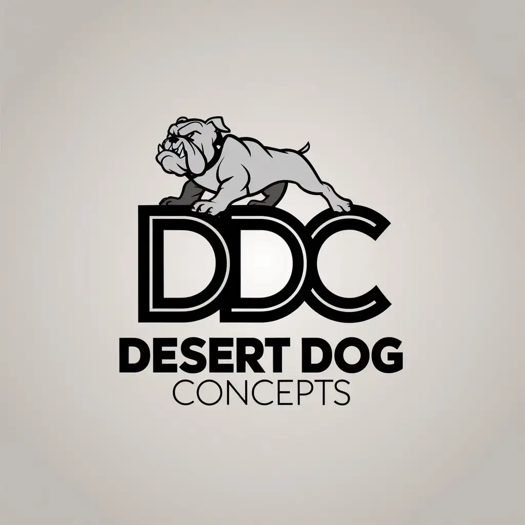 LOGO Design for Desert Dog Concepts Angry Bulldog on DDC Letters with Old Time Font in Black and Minimalistic Style