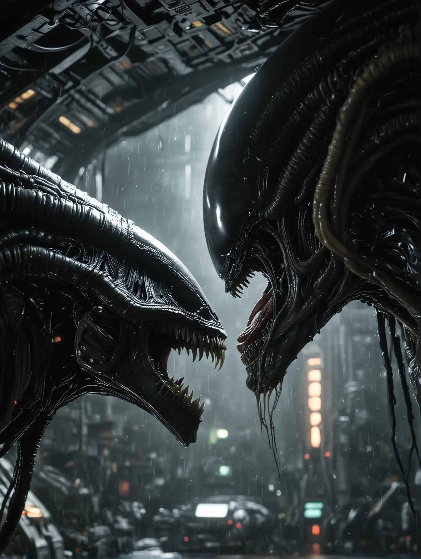 Xenomorph-Alien-with-Long-Tail-and-Open-Jaw-in-Nostromo-Spaceship-Interior