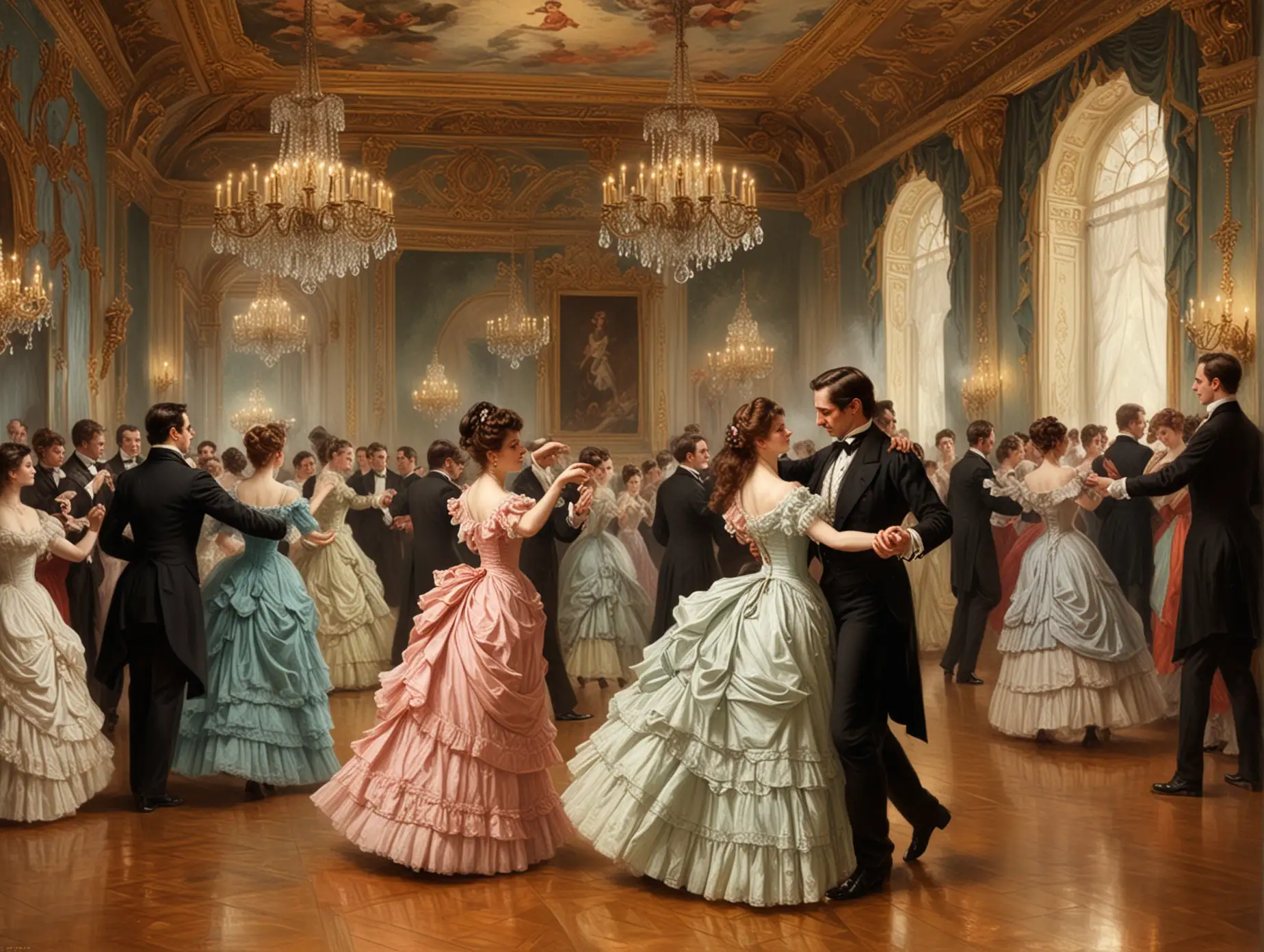 Victorian era dancing couples in a ballroom waltz