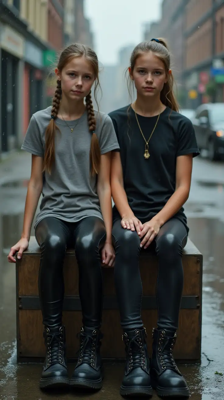 realistic photo of two slender and tall 15 year old girls, leather leggings, short sport tops, combat boots, pony tail, sitting on each other, full length shot, in the rain, slender