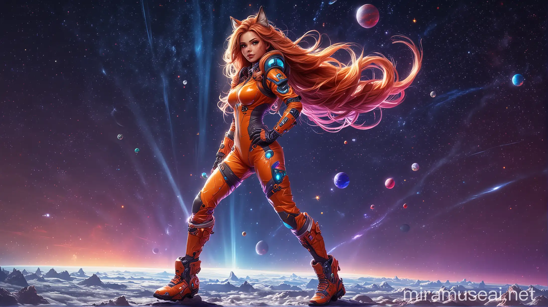 Futuristic Fitness Woman in Colorful Spacesuit Under a Vibrant Night Sky