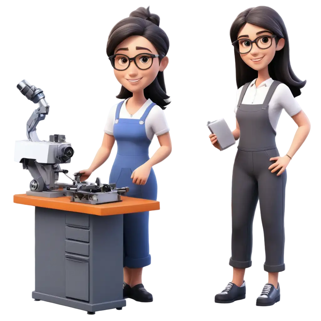 3D-Cartoon-PNG-Cheerful-36YearOld-Teacher-Teaching-Welding-to-Female-Student