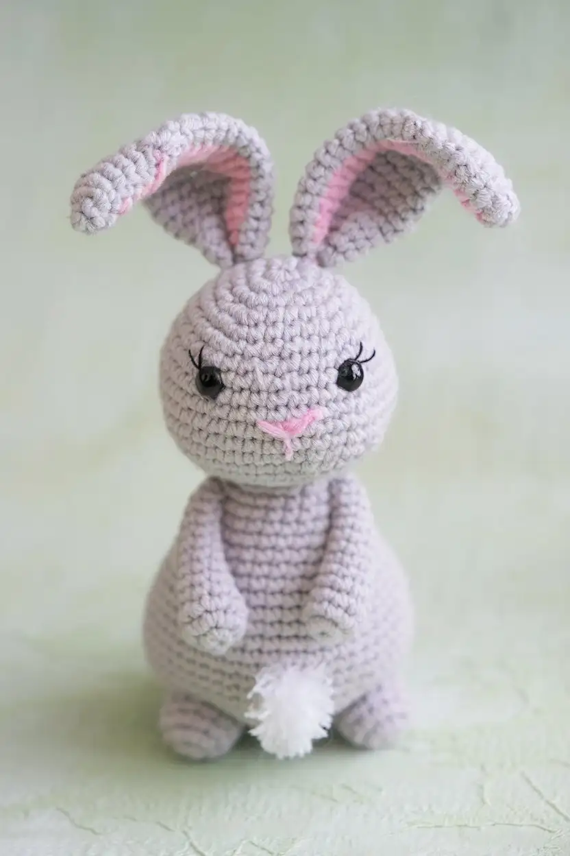 A close-up shot of a small, perfectly formed amigurumi Easter bunny. The bunny should be made with soft, light grey yarn, have floppy ears with pink inner details, embroidered black eyes, and a tiny, fluffy white tail. It should be sitting upright on a light green, slightly textured surface. Focus on the intricate crochet work and the bunny's adorable expression.