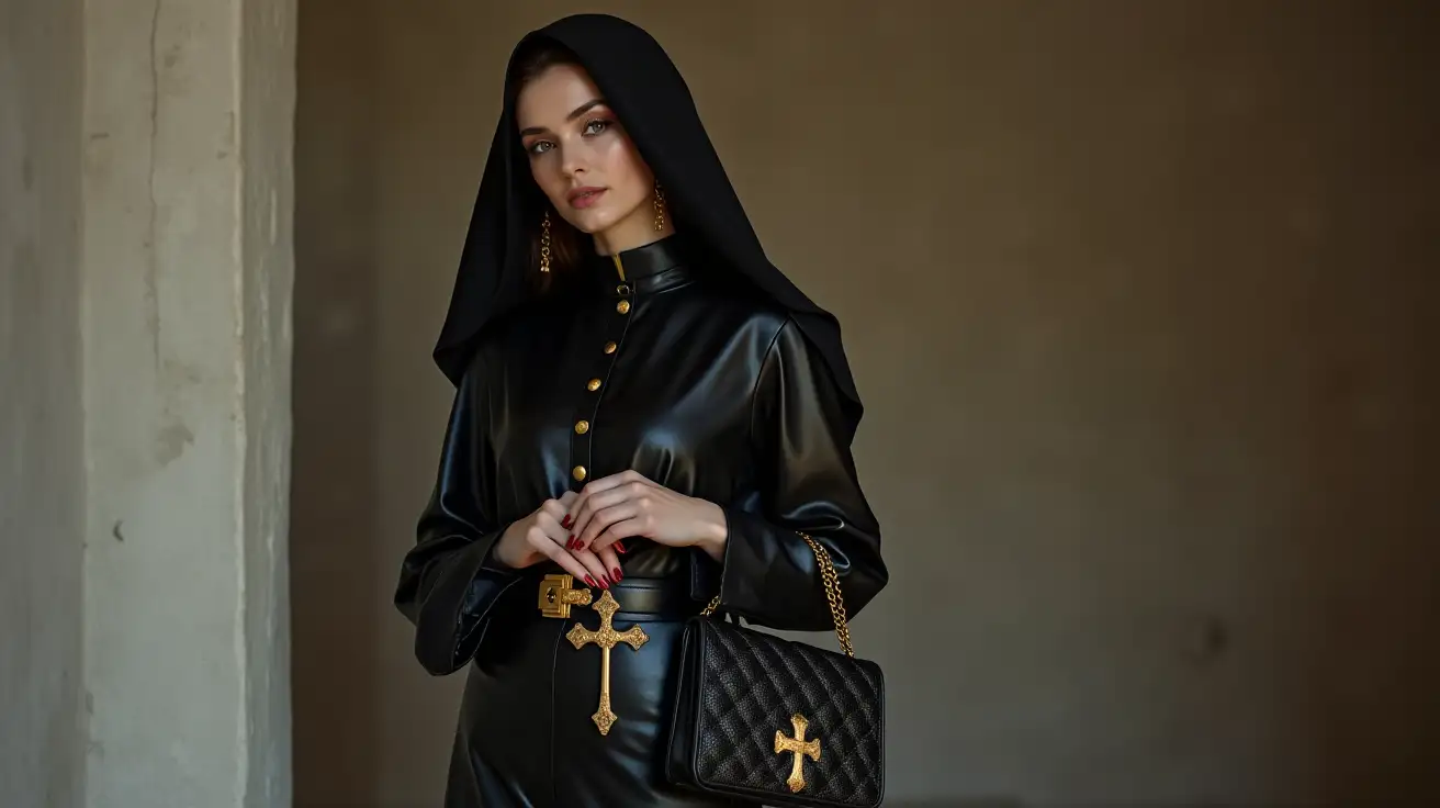 white woman with black catholic Spanish mantilla on her head, black leather blouse with golden buttons, black long leather pants with golden belt, black patent leather shoes, holding gold rosaries in hands and black leather purse with gold ornaments