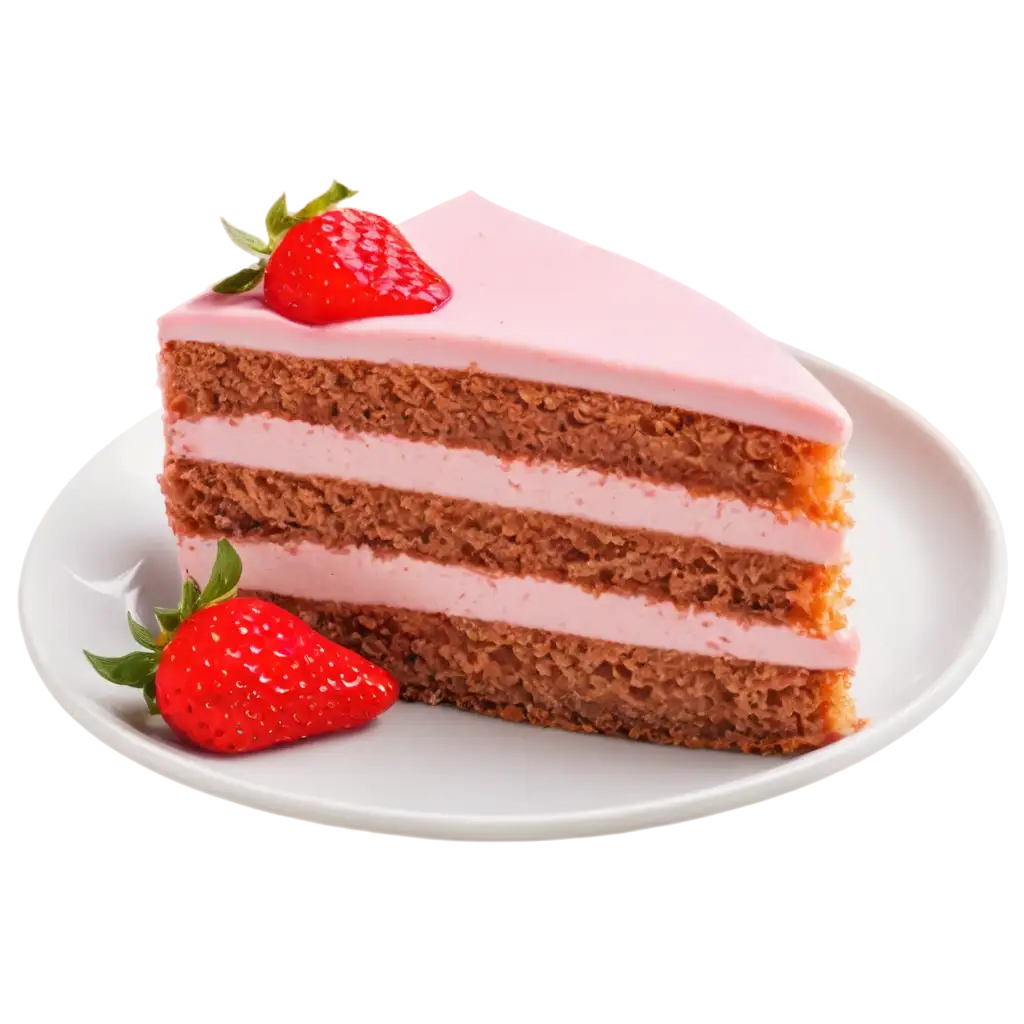 Delicious-Slice-of-Cake-with-Pink-Cream-and-Strawberry-on-White-Plate-PNG-Image