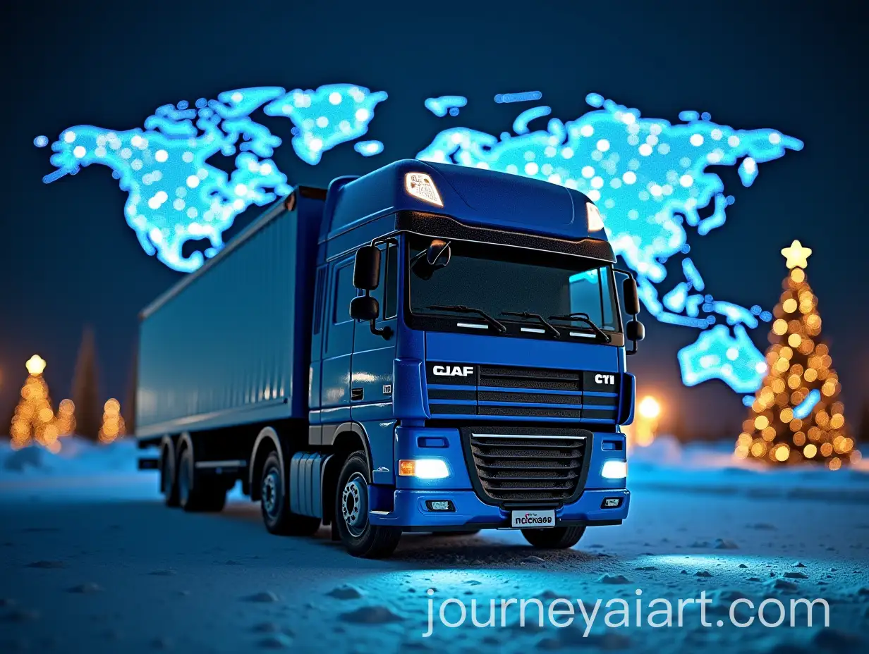 Blue-Cargo-Truck-DAF-with-Christmas-Tree-and-Snowflakes-at-Night-with-World-Map-Background