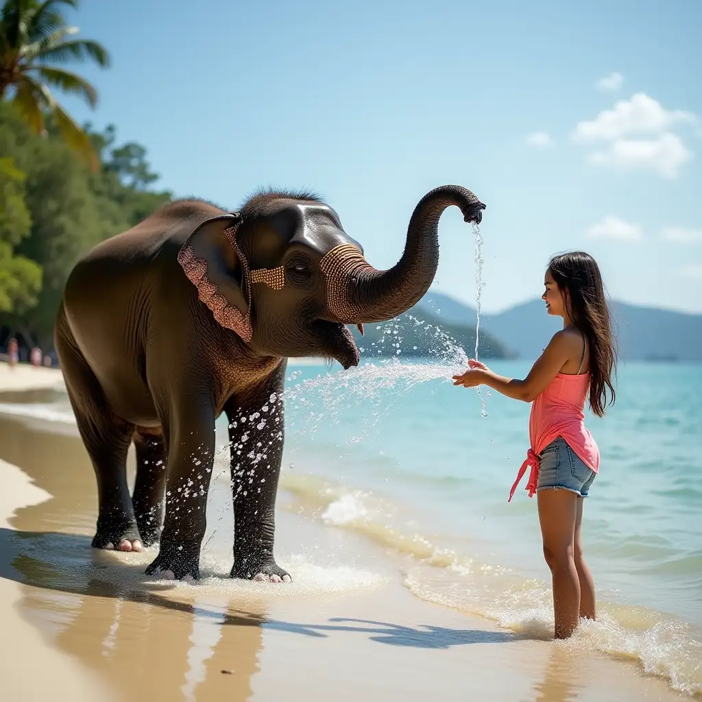 A young elephant with trainer on Phuket Island, Thailand  spraying water with his trunk on a pretty girl at the water's edge, sunny day