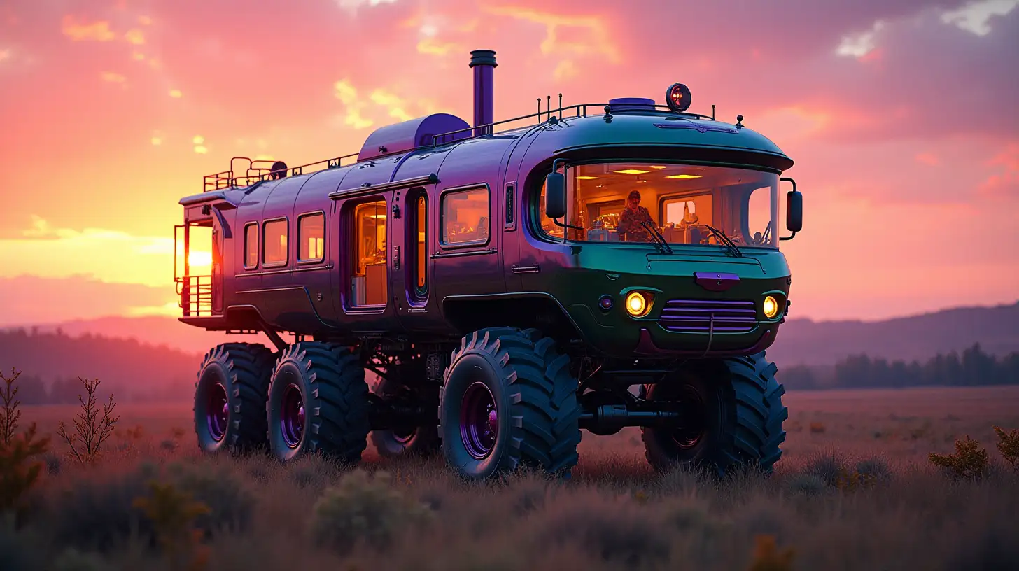 Psychedelic Sunset Massive Vehicle with Three Decks in Autumn Wilderness