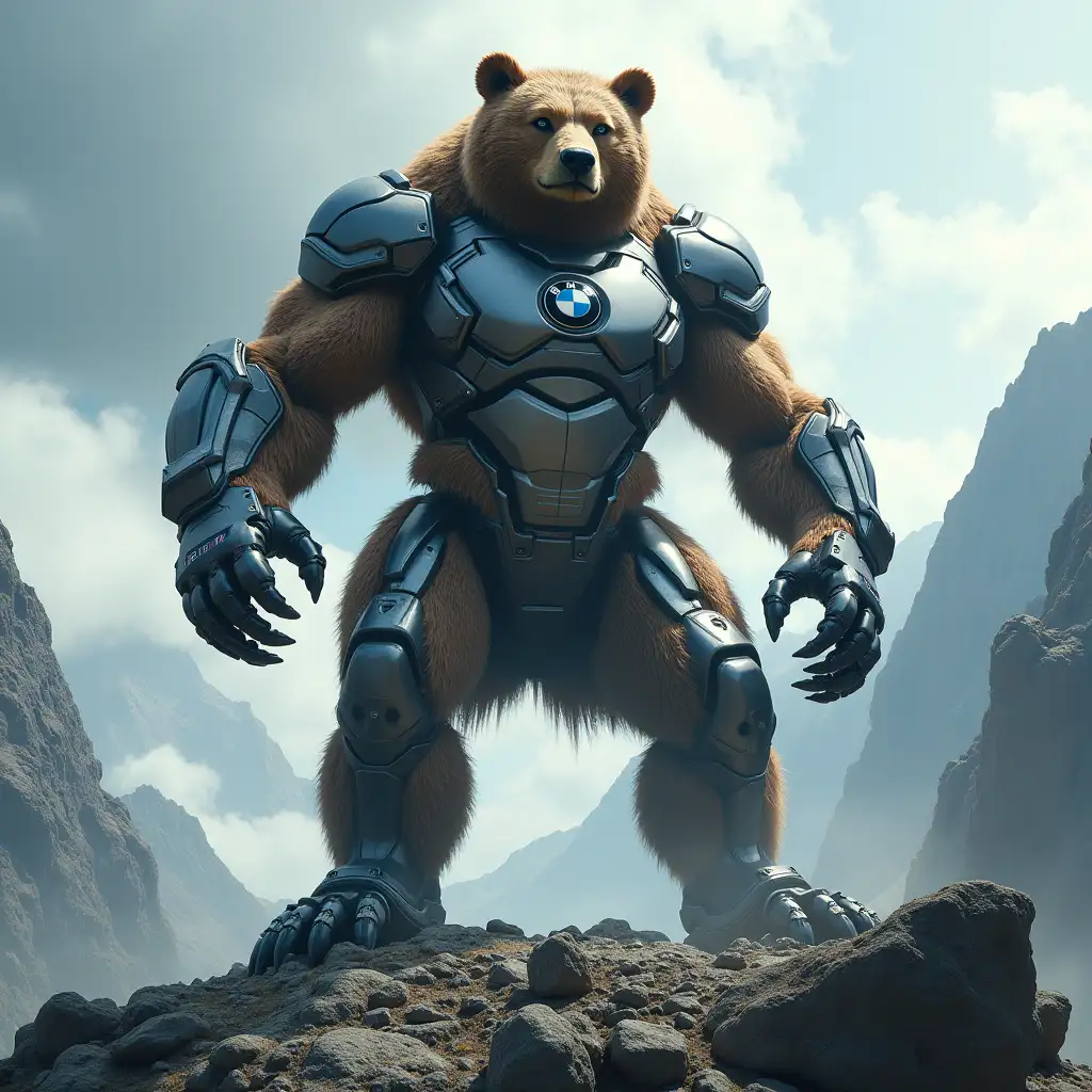 Create a highly detailed, realistic image of an imposing hybrid creature combining a bear and a BMW, standing on the peak of a rugged, rocky mountain. The creature has the muscular body and powerful limbs of a bear, covered in a mix of fur and metallic textures, with glowing eyes and an aggressive stance. Its torso and back feature sleek elements resembling a BMW car, including parts like headlights integrated into its shoulders and a metallic grille across its chest. The creature’s legs are a fusion of bear paws and alloy wheels, giving it an otherworldly, mechanical look. Surrounding the creature, sharp rocks and jagged cliffs rise into a cloudy sky with dramatic lighting, emphasizing its dominance and fury. Winds whip through the scene, adding intensity and motion to the mountain setting.