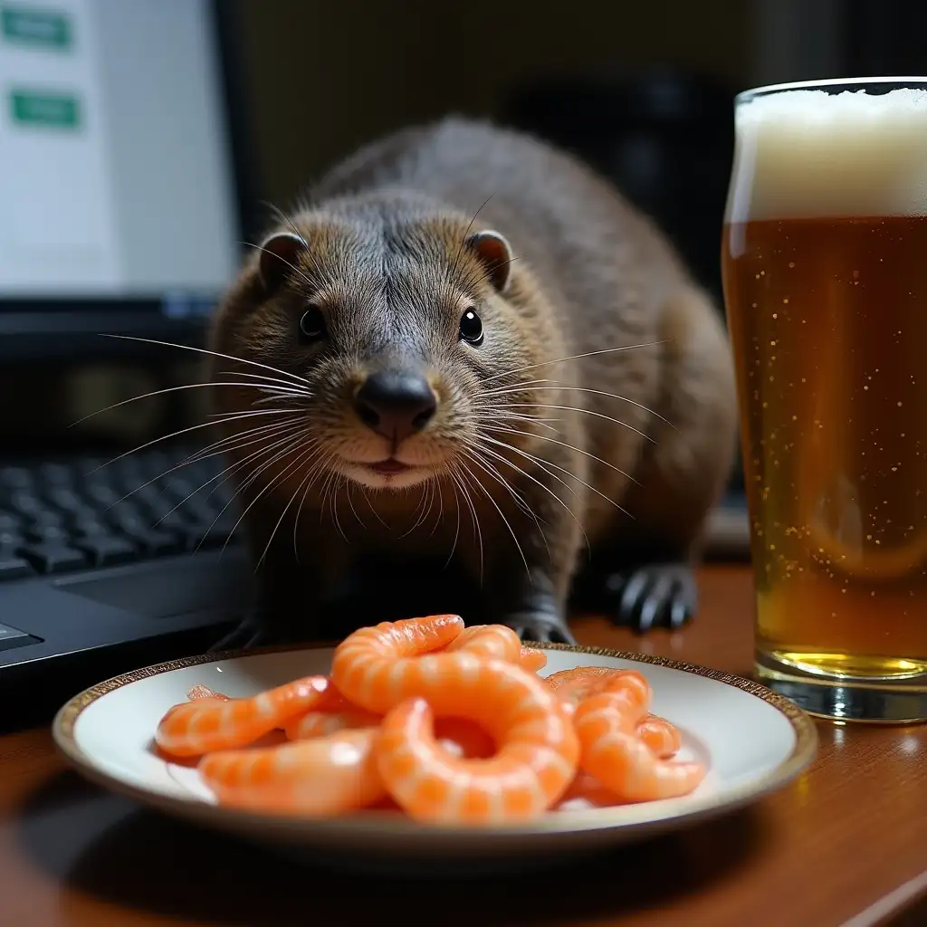 muskrat at the computer, near a plate with shrimp skins and a glass of beer