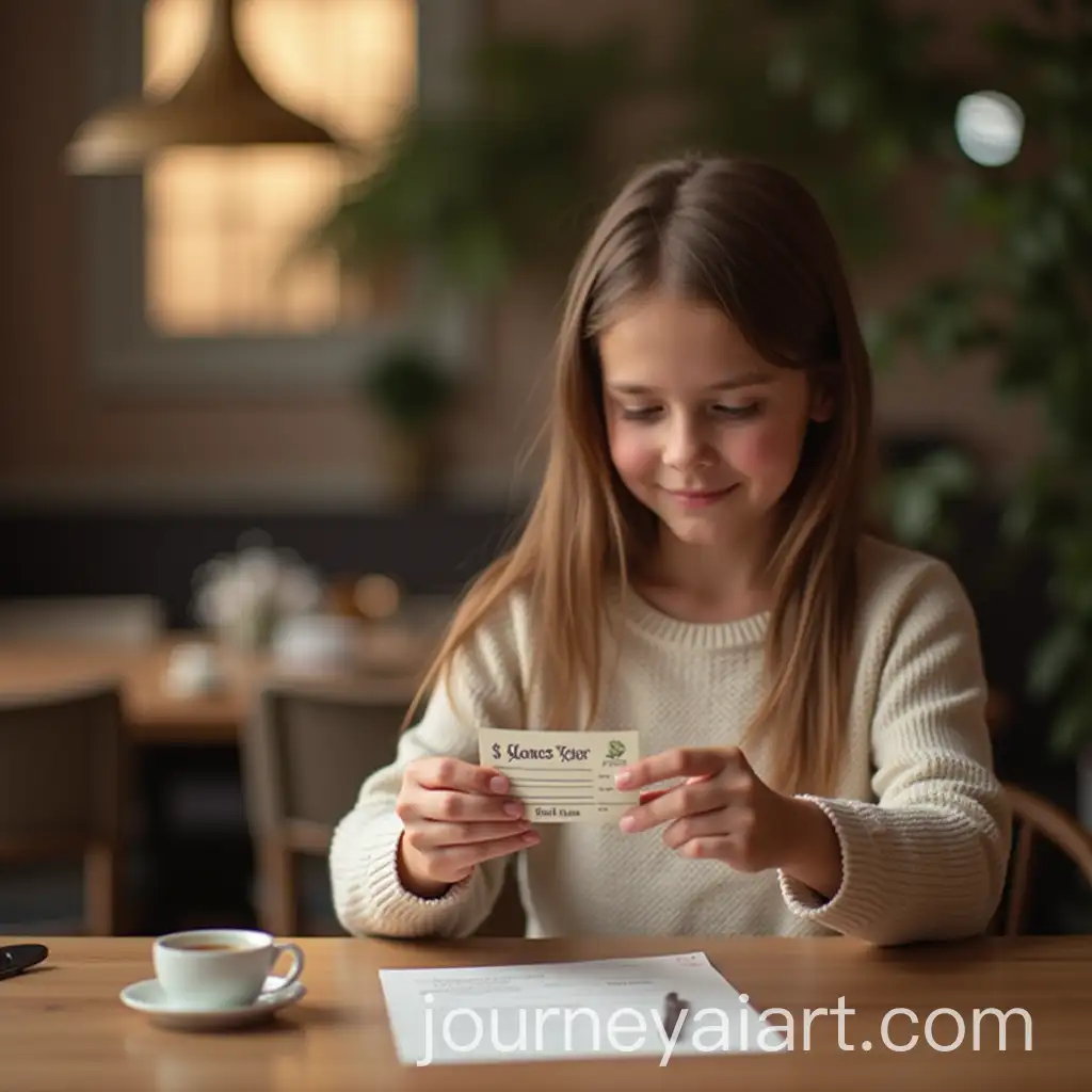 Brown-Haired-Girl-Taking-a-Bill-from-a-Table
