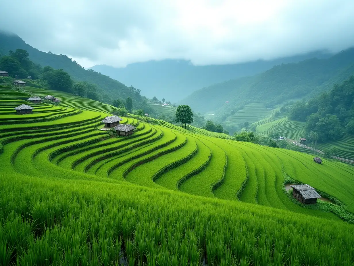 Lush-Terraced-Rice-Fields-in-Rainy-Hills