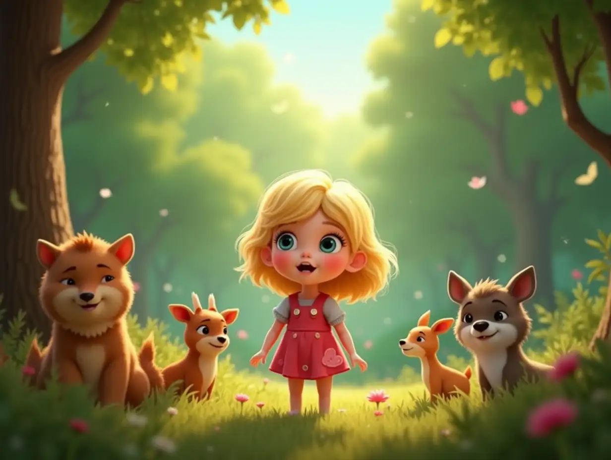 Create an image for a social network group's cover about children's verses and songs. There is a forest in the background. In the foreground, there are forest animals. A 2-year-old blonde girl is in the center. Pixar style.