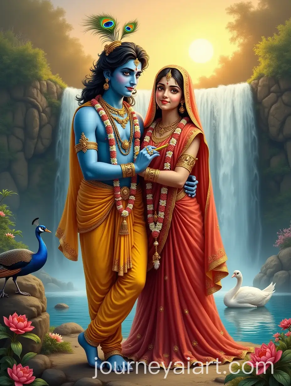 Radha-and-Krishna-Divine-Portrait-with-Waterfall-and-Peacock