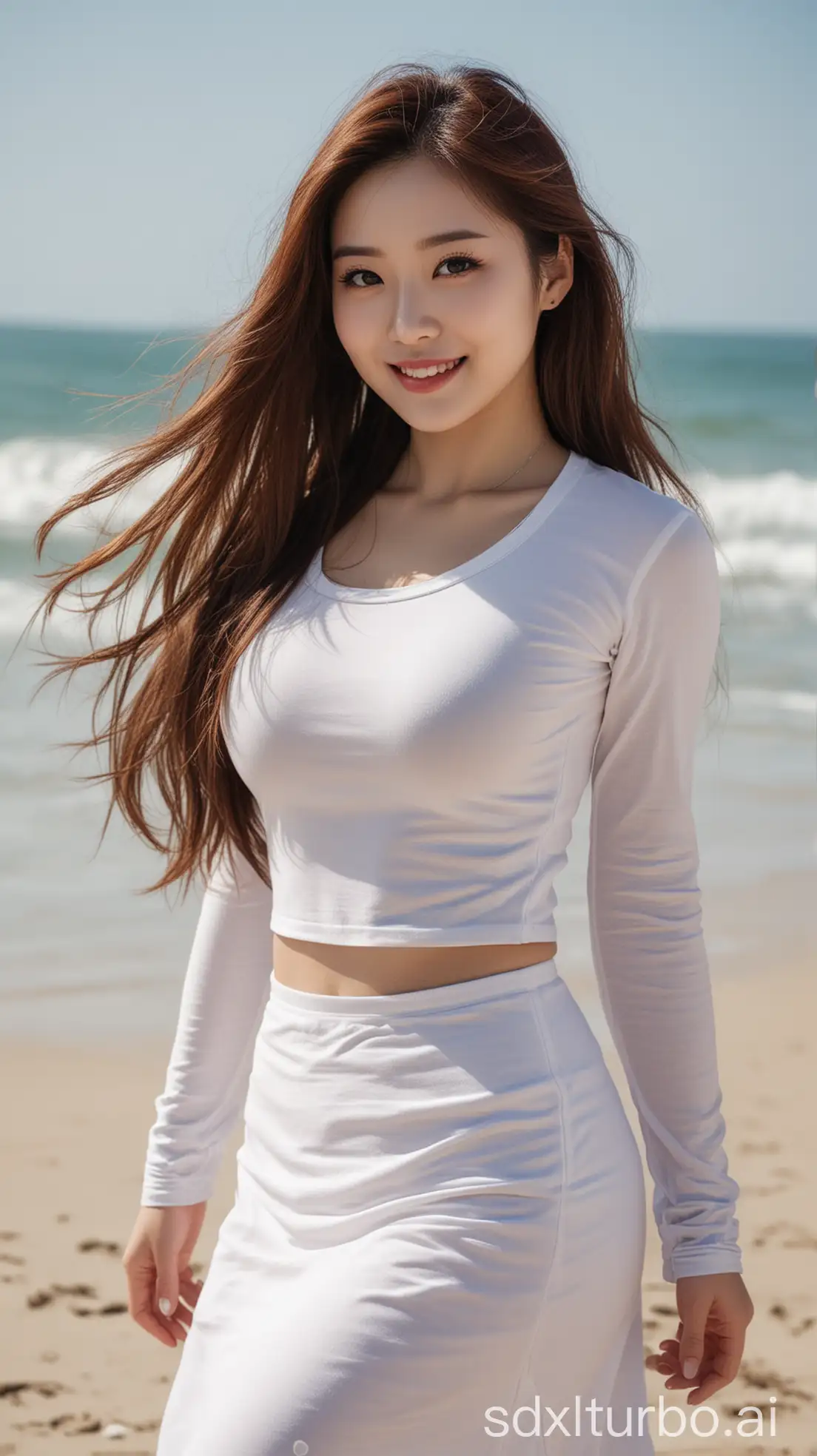 Chinese-Woman-in-White-Tshirt-and-Long-Skirt-Smiling-at-the-Beach