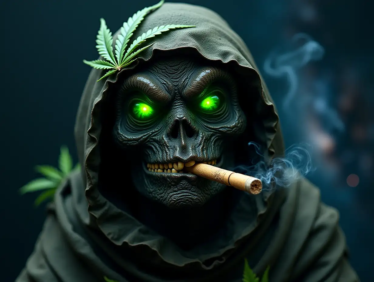 A marvelous mummy of black color. with a spliff in teeth. (spliff bright green), with eyes of demon, on forehead leaf of cannabis, out of nose smoke, background Milky Way