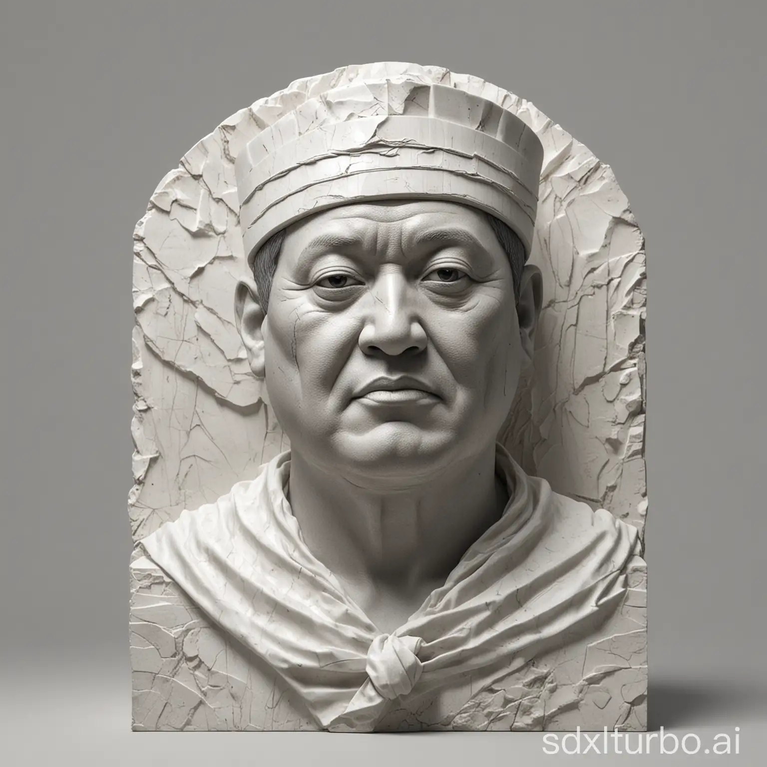 created stone sculpture of Prabowo, marble texture, god rays, smooth texture, white background, realistic, shaded