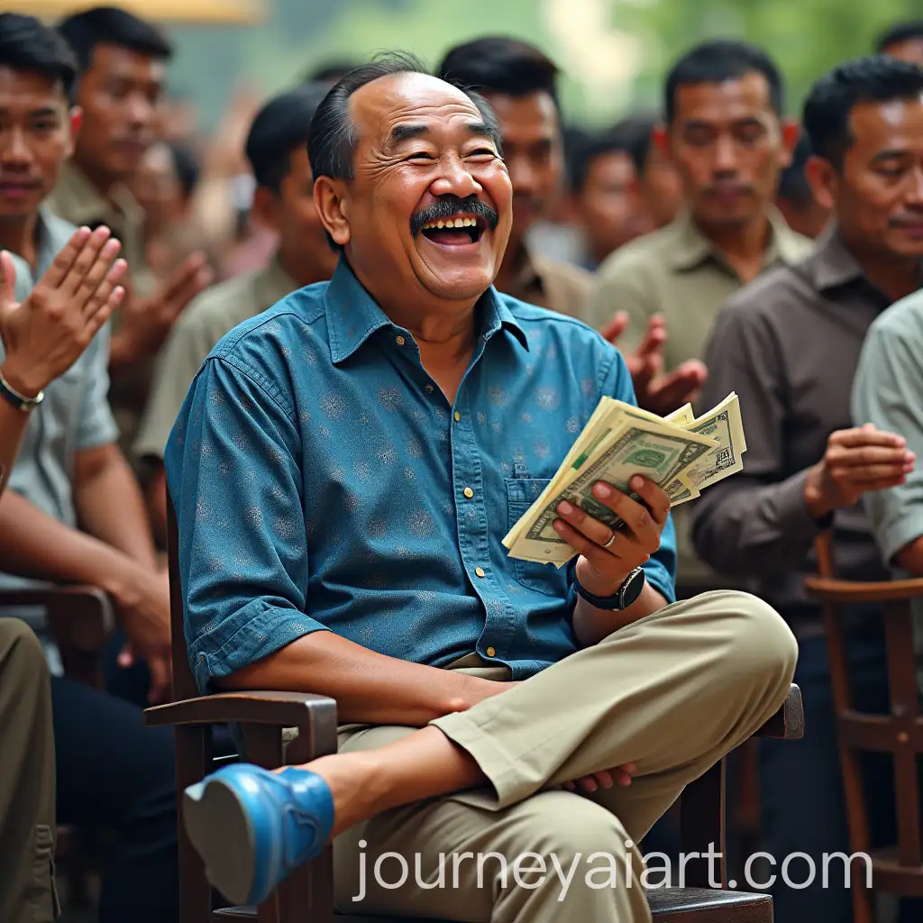 Man-with-Beard-LaughAI-Image-Prompt-Expansioning-at-Group-of-People-Holding-Wads-of-Money-in-Blue-Batik-Shirt
