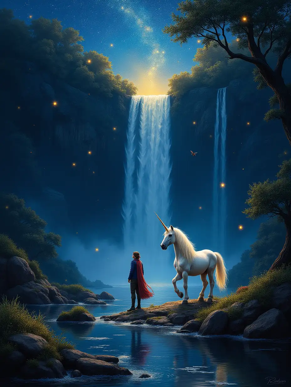 Deep night. A magical night unfolds with stars reflecting in a waterfall, while golden fireflies and dragonflies flutter around. A lone traveler accompanies a majestic unicorn, reminiscent of the style seen in The Lord of the Rings. This enchanting scene is depicted in a vivid and captivating painting, showcasing intricate details and vibrant colors.