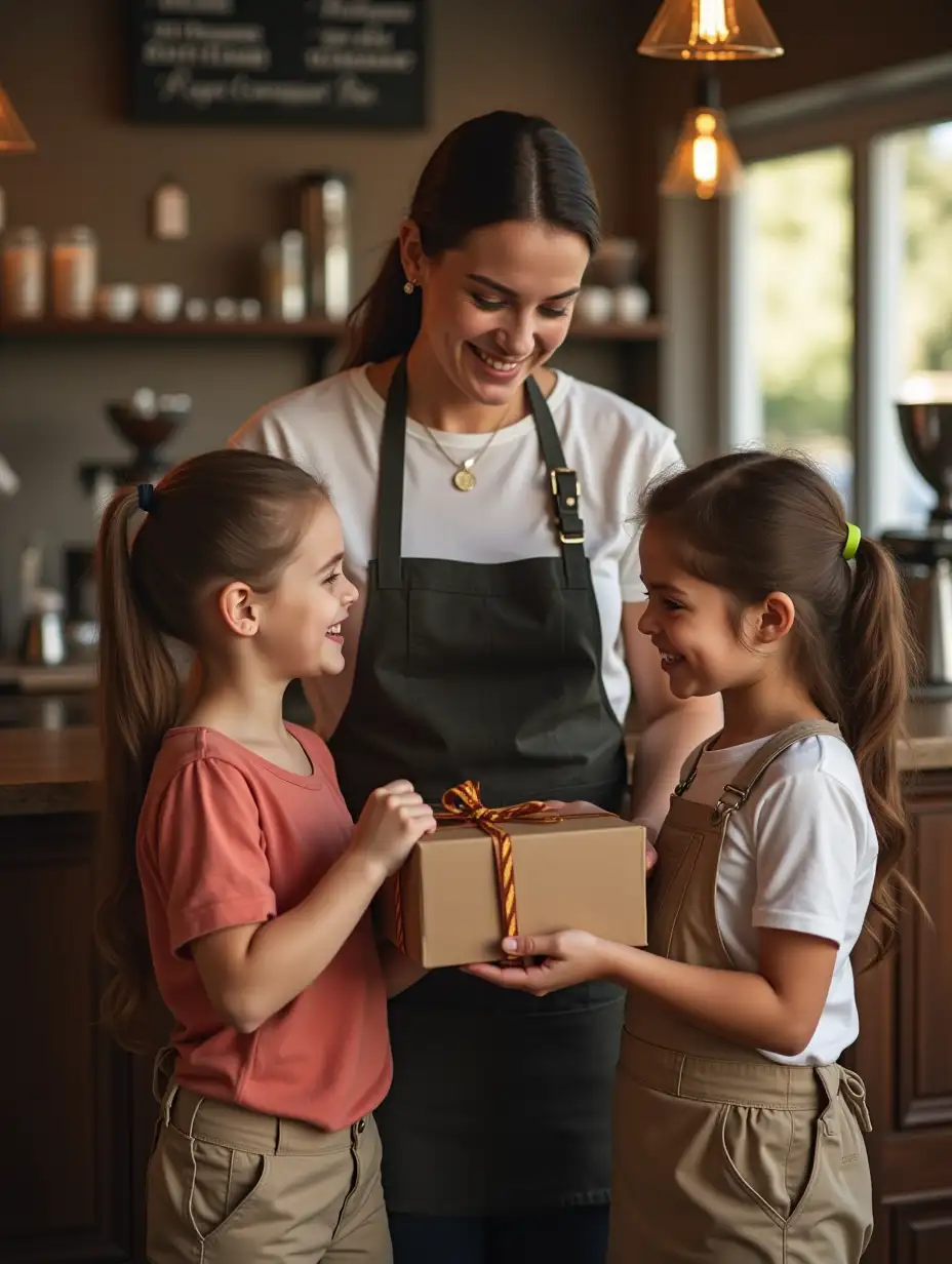 2 children giving a gift to mother in front of a barista wearing an apron Story Of Coffee