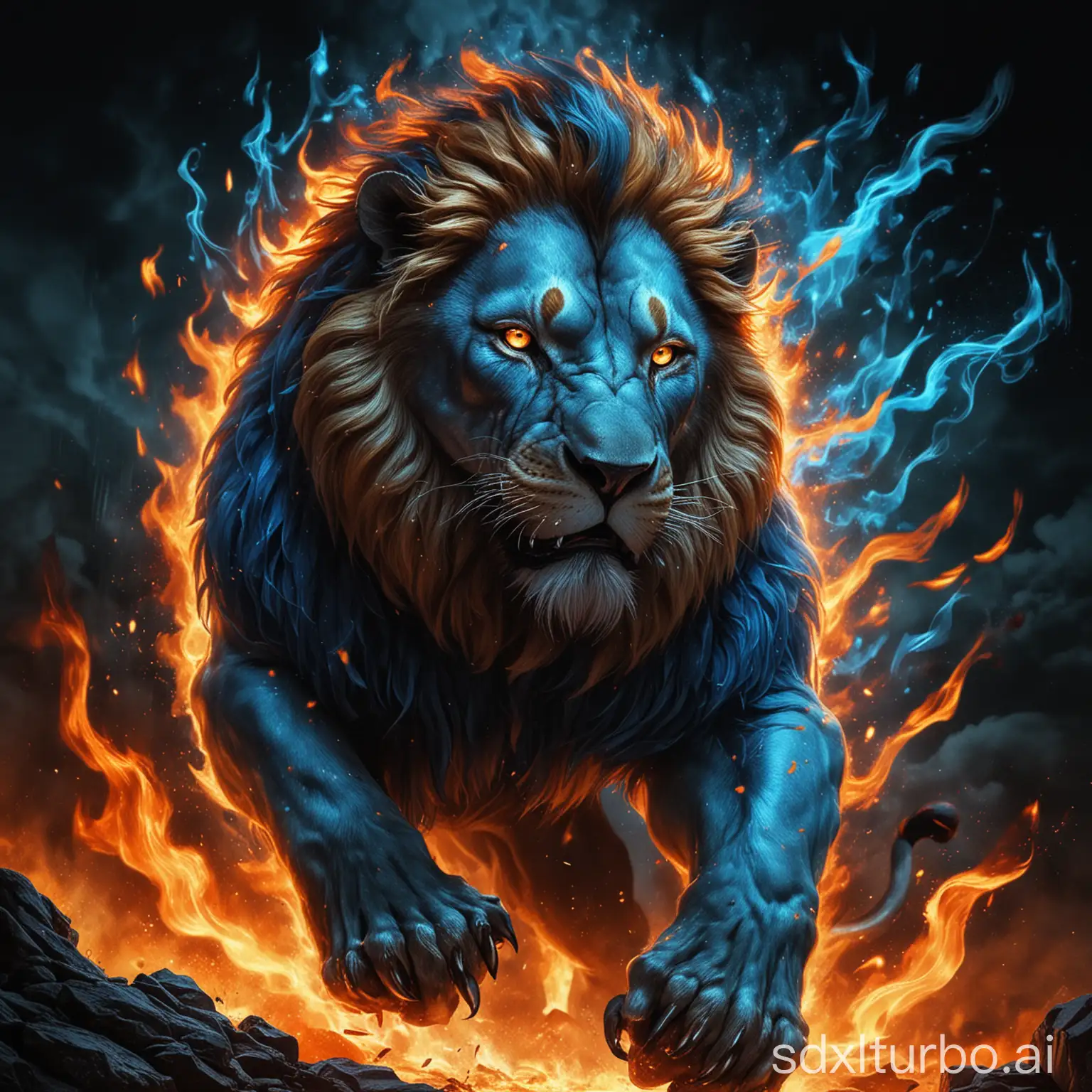 Fierce-Blue-Hellfire-Lion-Ready-to-Pounce-in-Dark-Dramatic-Setting