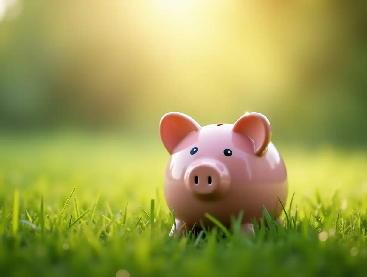 Realistic high-definition images, theme is a piggy bank, placed on the grass, gentle light