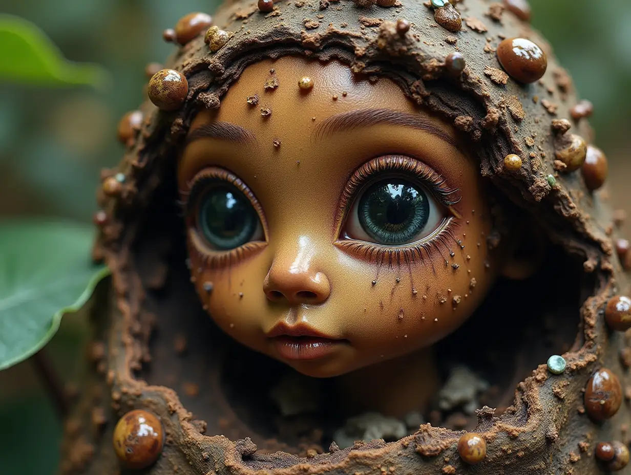 Face transformed into building with brown Fly Agaric roots