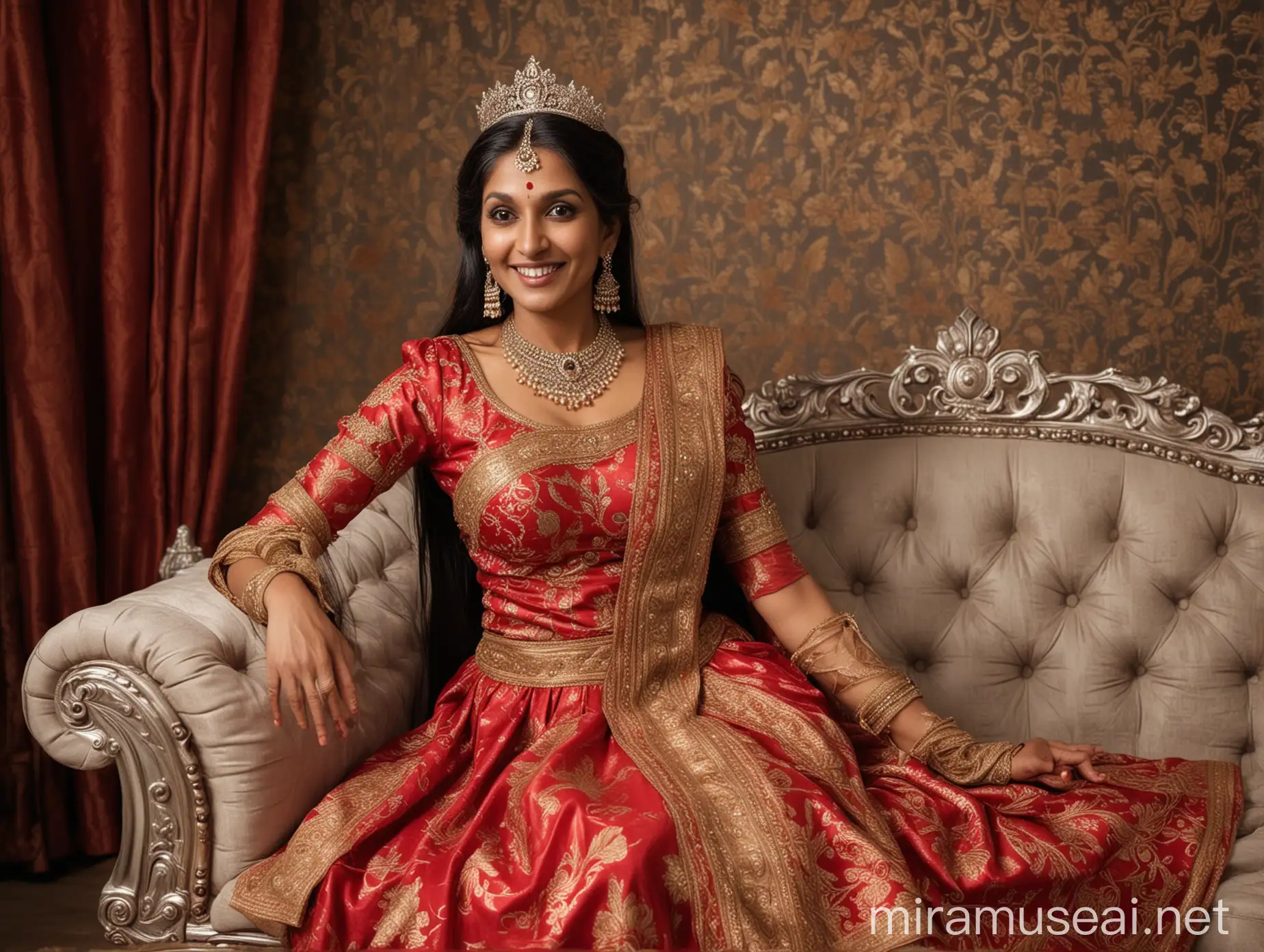 Indian Mythological Queen Smiling on Royal Sofa