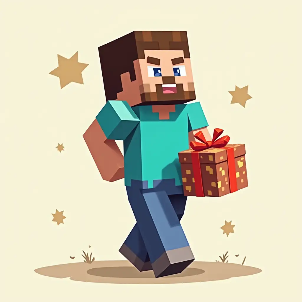 The Minecraft game hero Steve drawn in a vector illustration. The hero is carrying a birthday present.