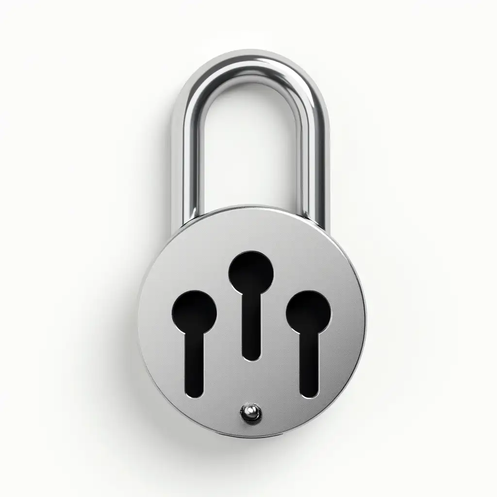 Create a hyper-realistic padlock with three keyholes instead of the usual single one. The lock's body should retain the classic metallic design, with detailed textures and realistic reflections. The keyholes should be evenly spaced, each perfectly shaped and functional. The lock's hardware, including the shackle and mechanism, should also be finely detailed. The background is white, with soft, even lighting to emphasize the lock’s unique design and intricate details.