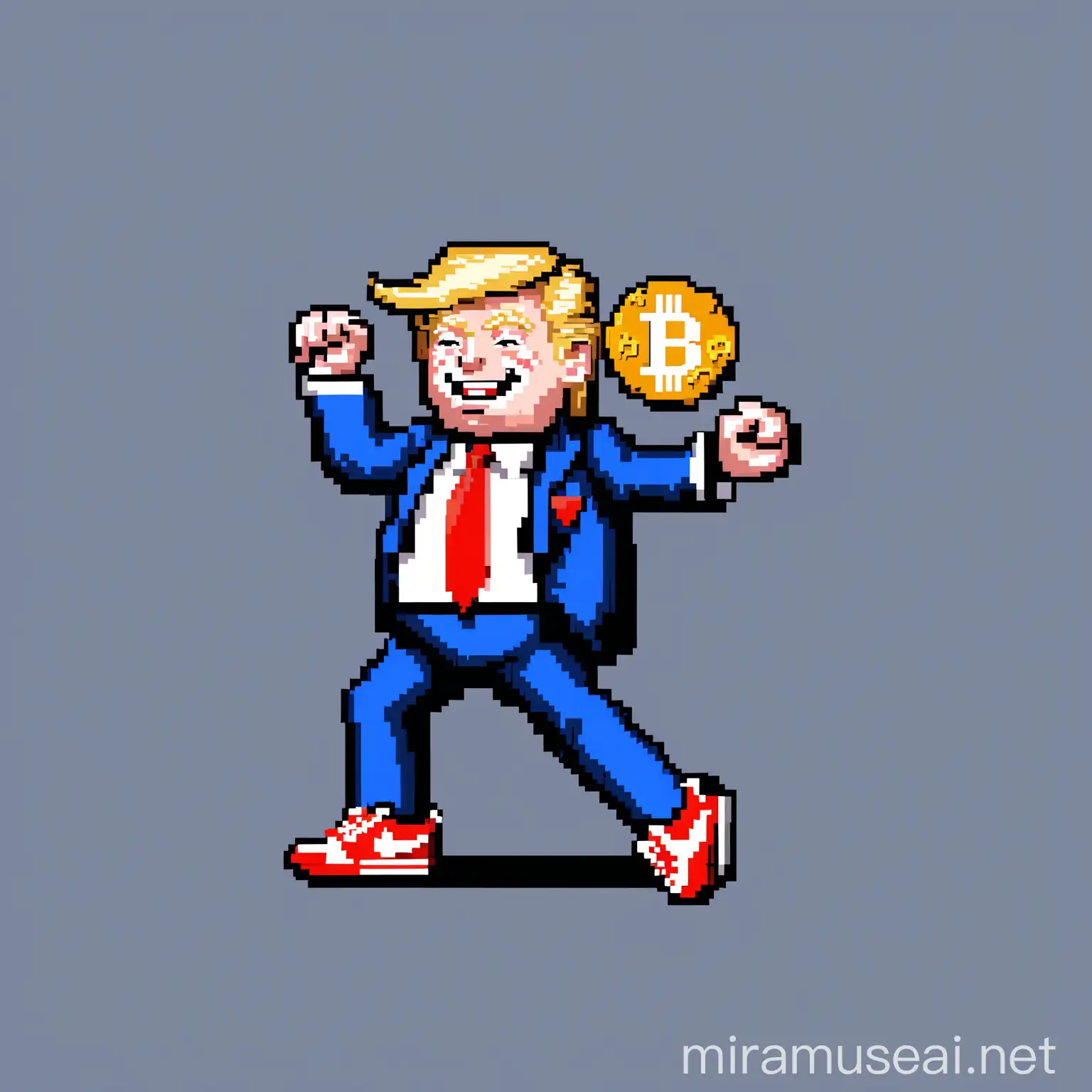 Pixel Art of Happy Dancing Donald Trump Holding Bitcoin in Nike Sneakers