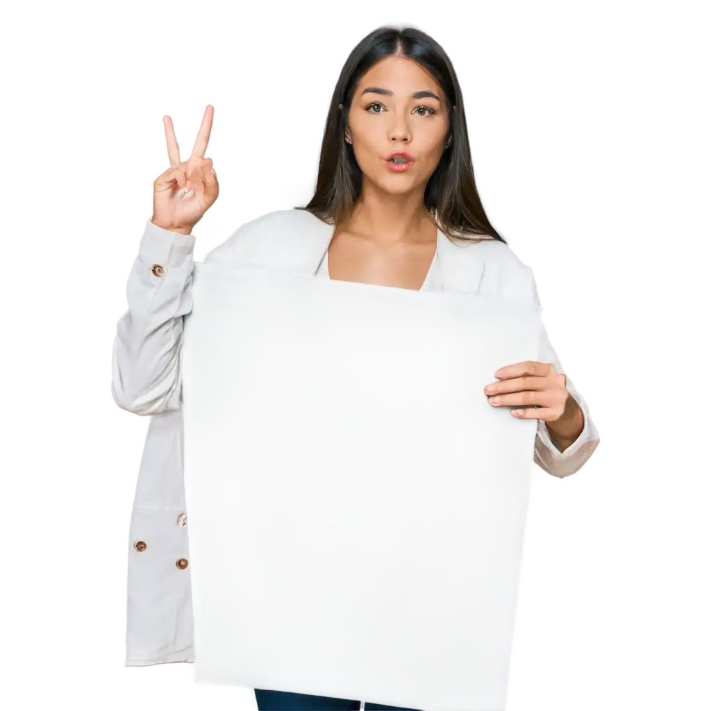 create a young woman holding a large white blank sign in her hands