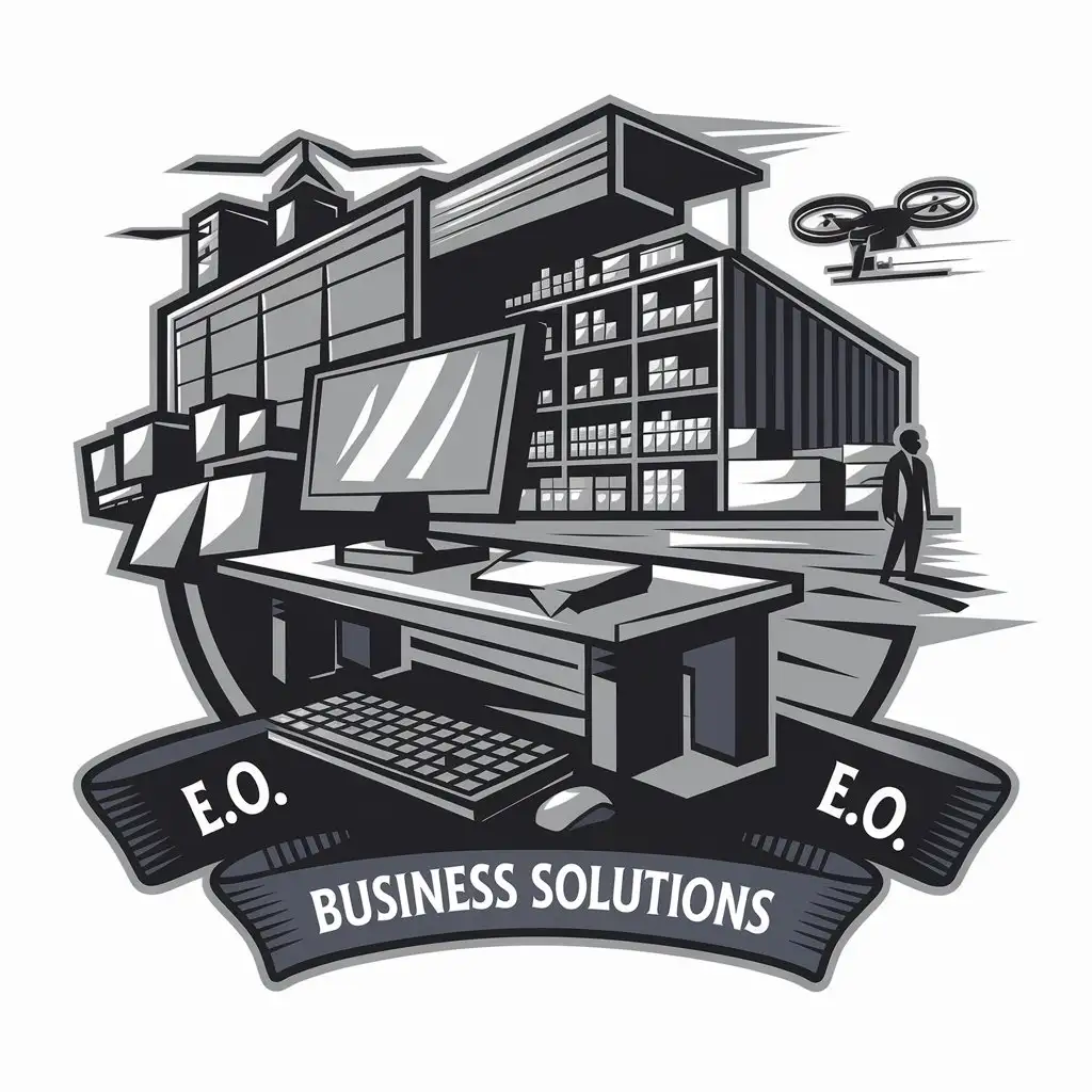 LOGO-Design-for-EO-Business-Solutions-Blue-Gold-and-Black-with-Tech-and-Warehouse-Symbols