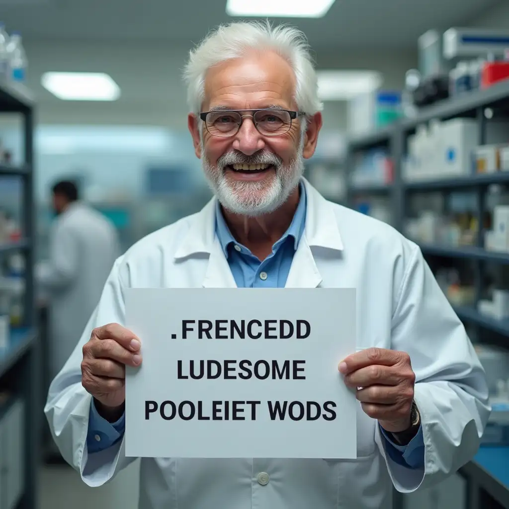 elderly coloured man, friendly looking in an laboratory environment, holding a useless motivational slogan in his hands