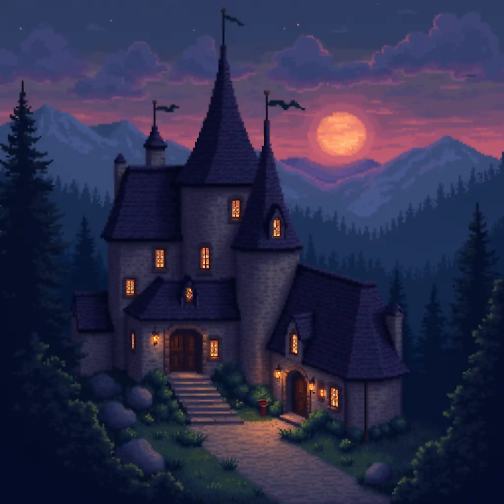 Generate a PS1 pixel-style medieval village at twilight